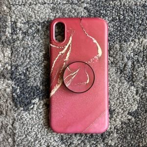 iPhone X/XS Case Red Gold Marble Print Cover w/ Grip Holder